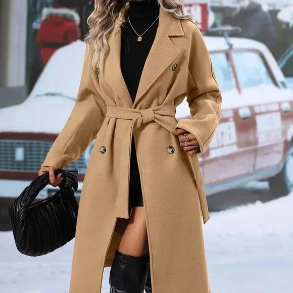 Casual Women's  Double Breasted Lapel Neck Belted jacket Overcoat Camel - Picture 1 of 5